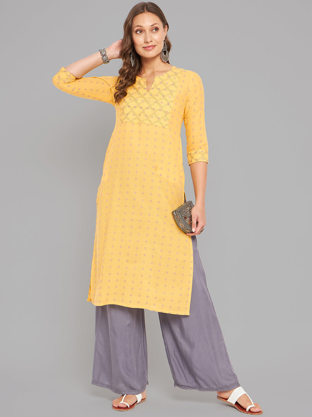 Women Mustard Kurta With Embroidered Yoke - Kashyap Global Lifestyles LLP