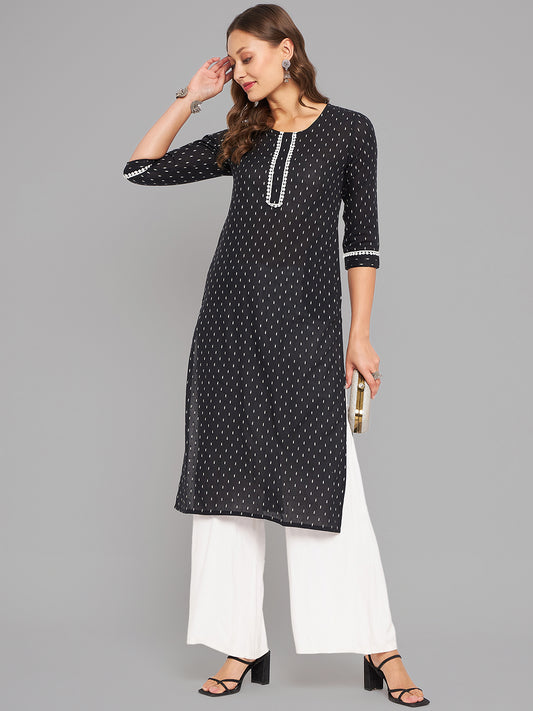 Women Black Woven Design Kurta With Lace - Kashyap Global Lifestyles LLP