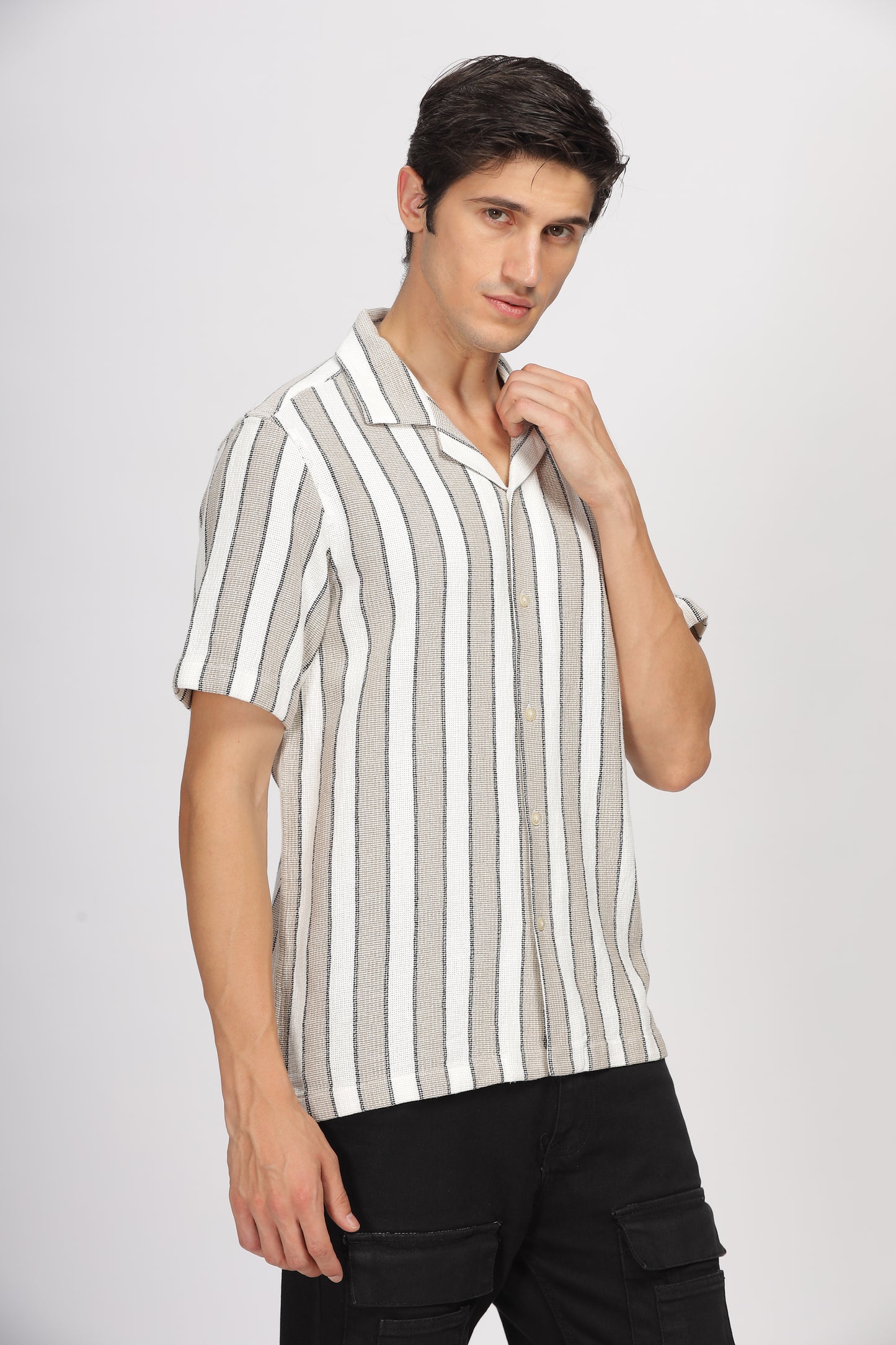 Uri Brown Cuban Collar Matte Weave Shirt