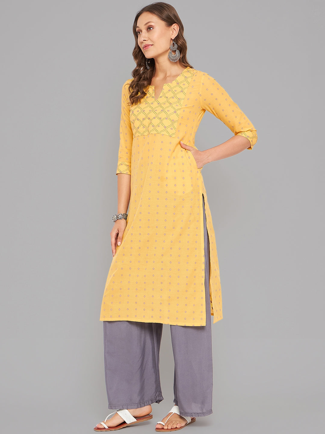 Women Mustard Kurta With Embroidered Yoke - Kashyap Global Lifestyles LLP