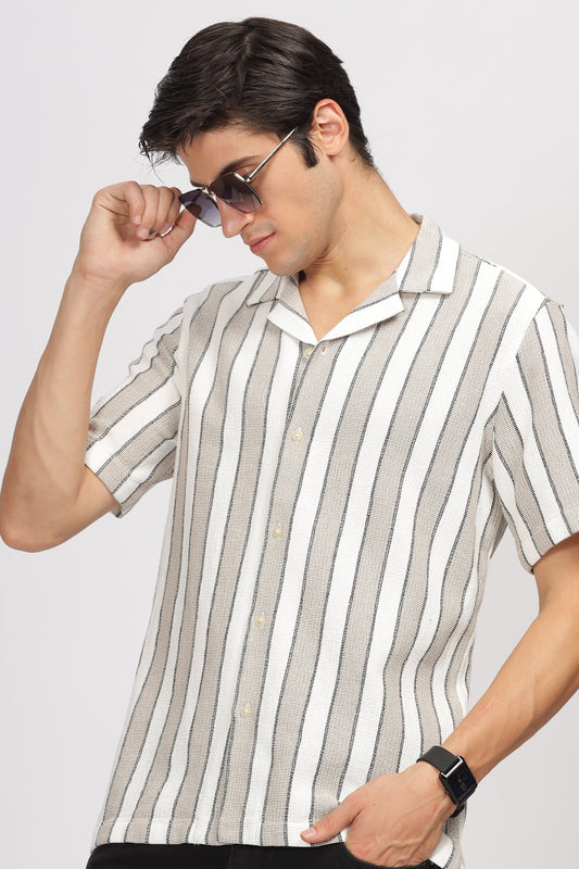 Uri Brown Cuban Collar Matte Weave Shirt