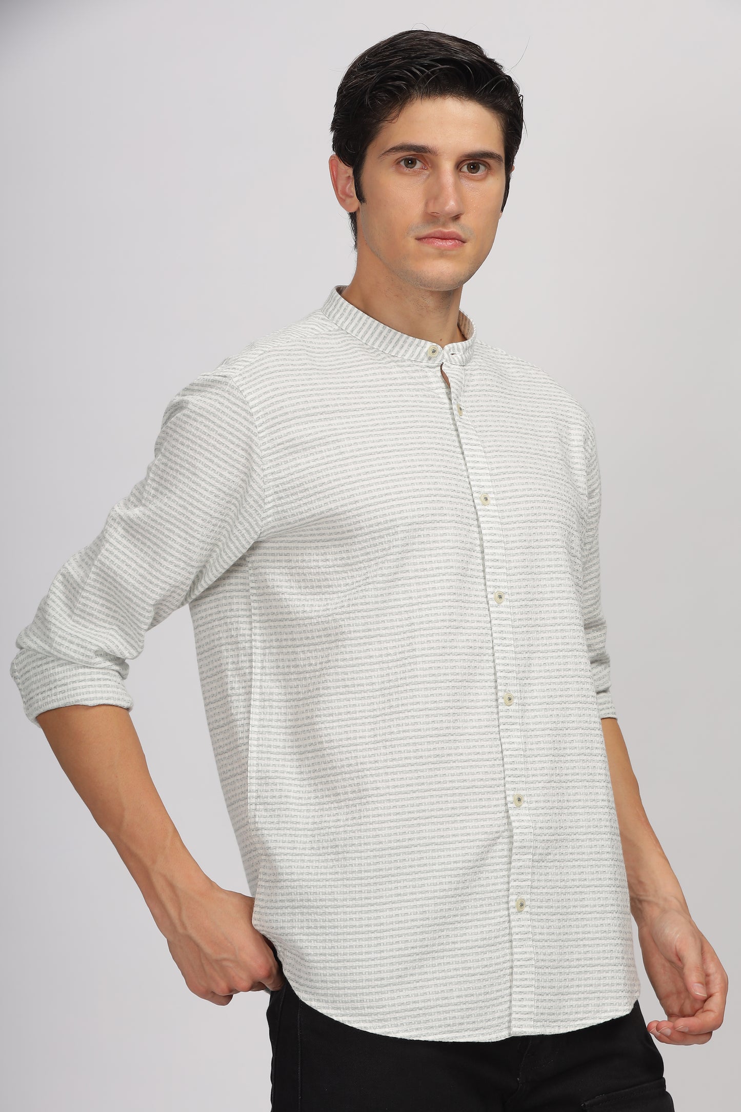 Uri Off White Striped Mandarin Collar Shirt