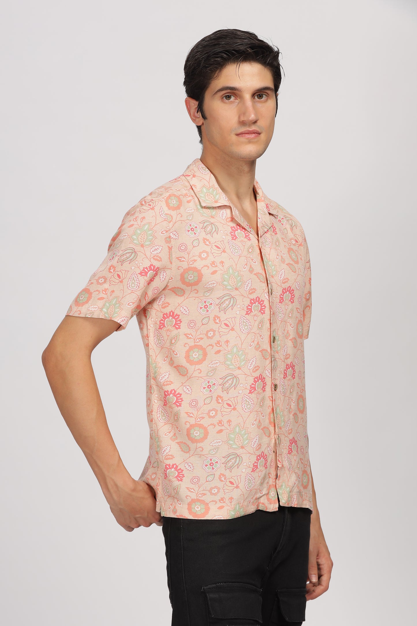 Uri Peach Printed Cuban Collar Shirt - Kashyap Global Lifestyles LLP