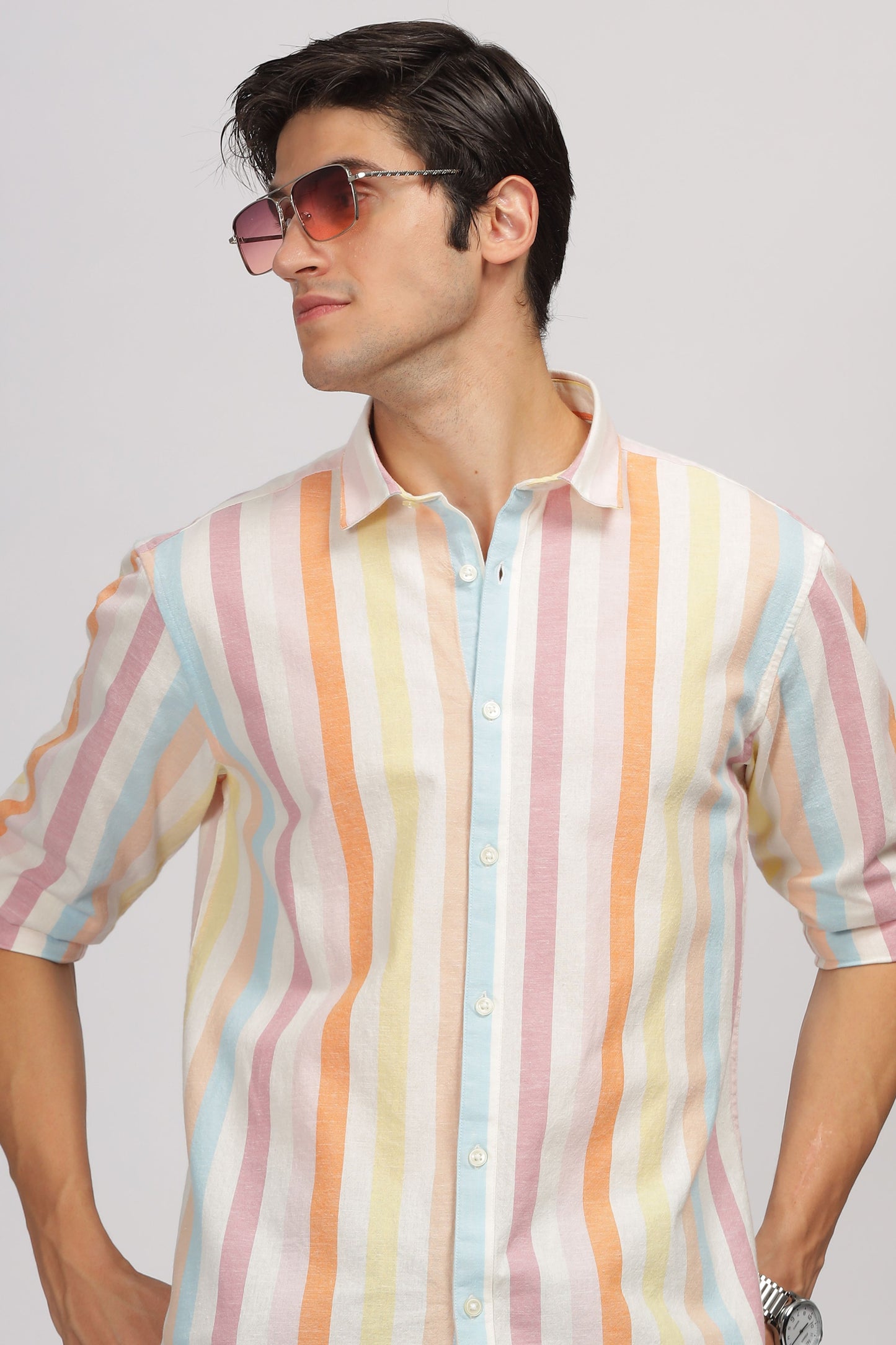 Uri Linen Blend Multicolor Stripe Casual Shirt