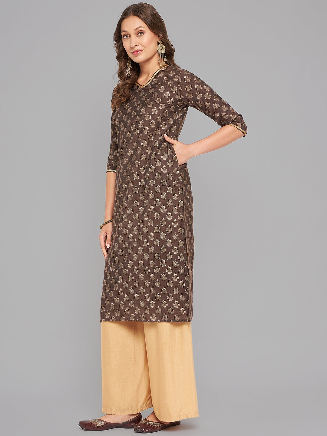 Women Brown Ethnic Motifs Printed Sequinned Kurta - Kashyap Global Lifestyles LLP