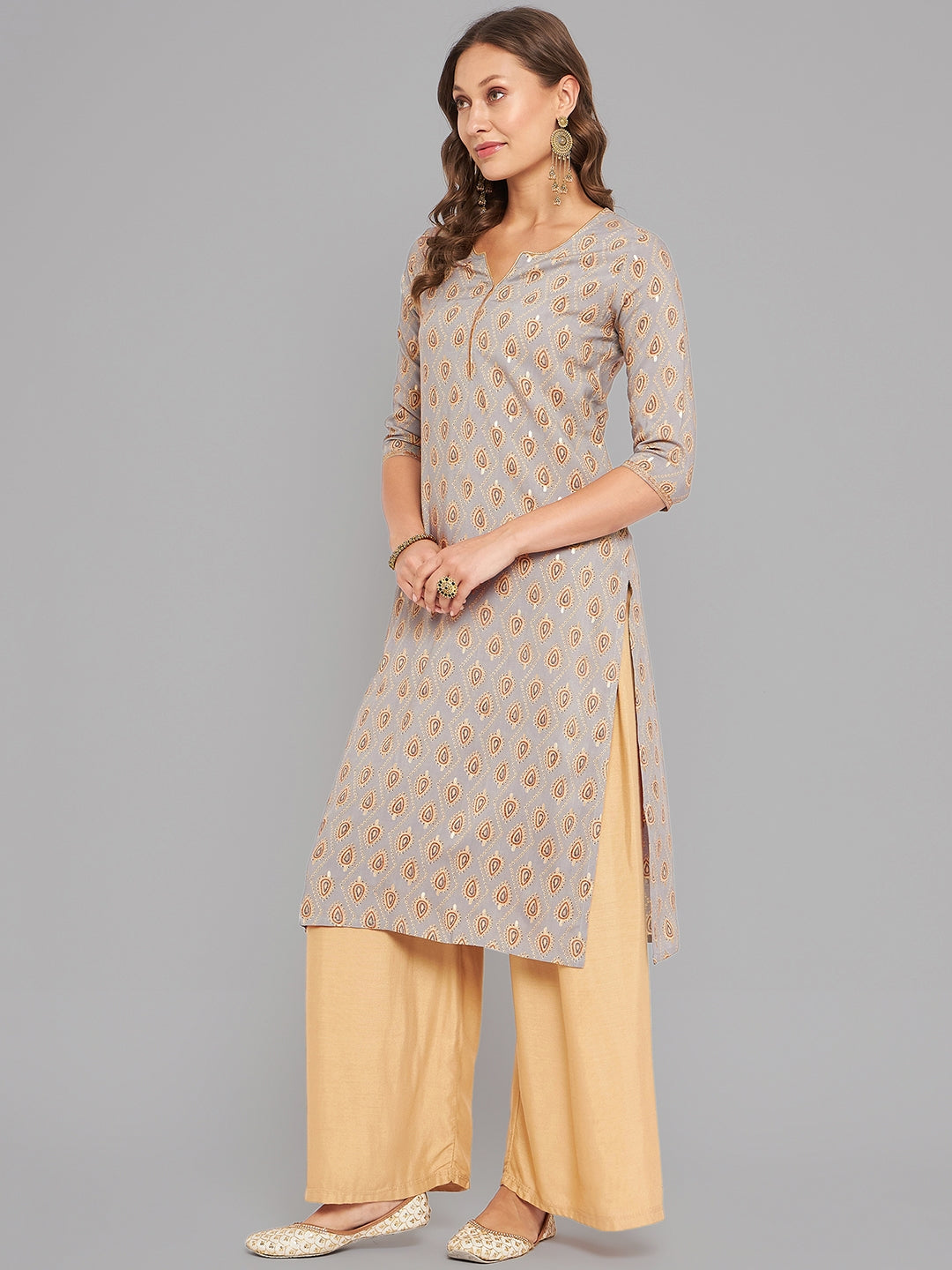Women Grey Ethnic Motifs Printed Kurta With Piping - Kashyap Global Lifestyles LLP