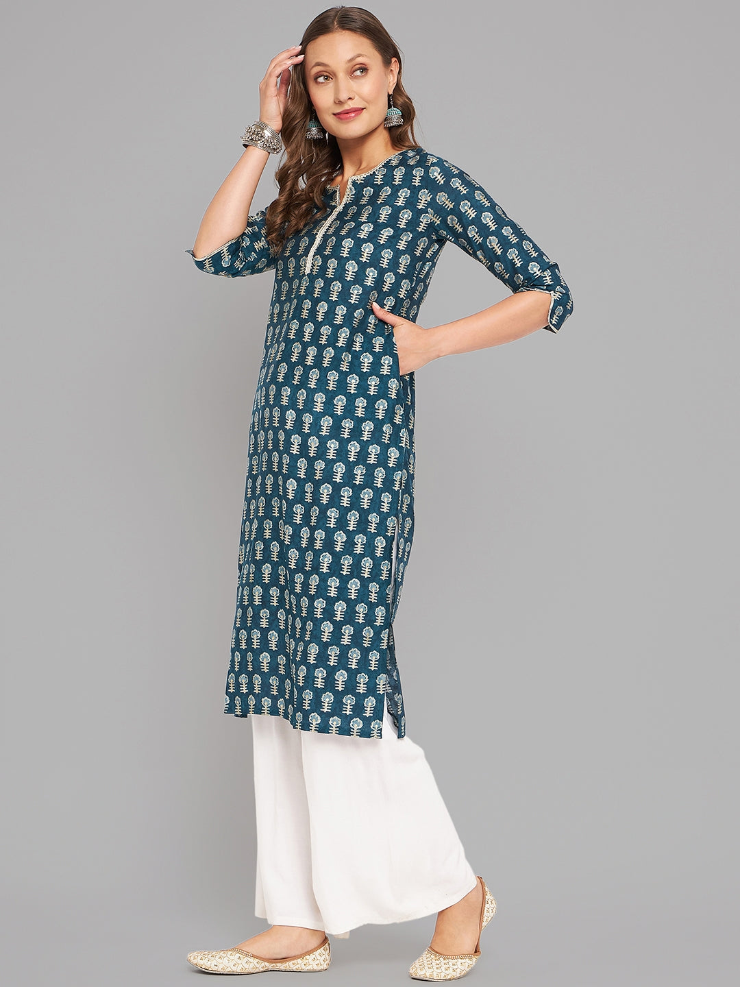 Women Blue Printed Kurta With Lace - Kashyap Global Lifestyles LLP