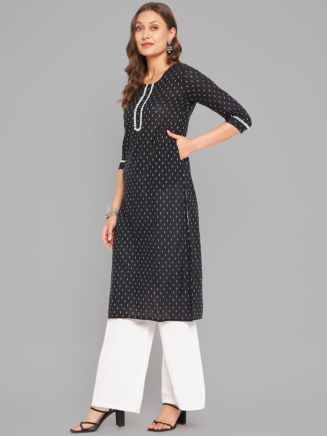 Women Black Woven Design Kurta With Lace - Kashyap Global Lifestyles LLP