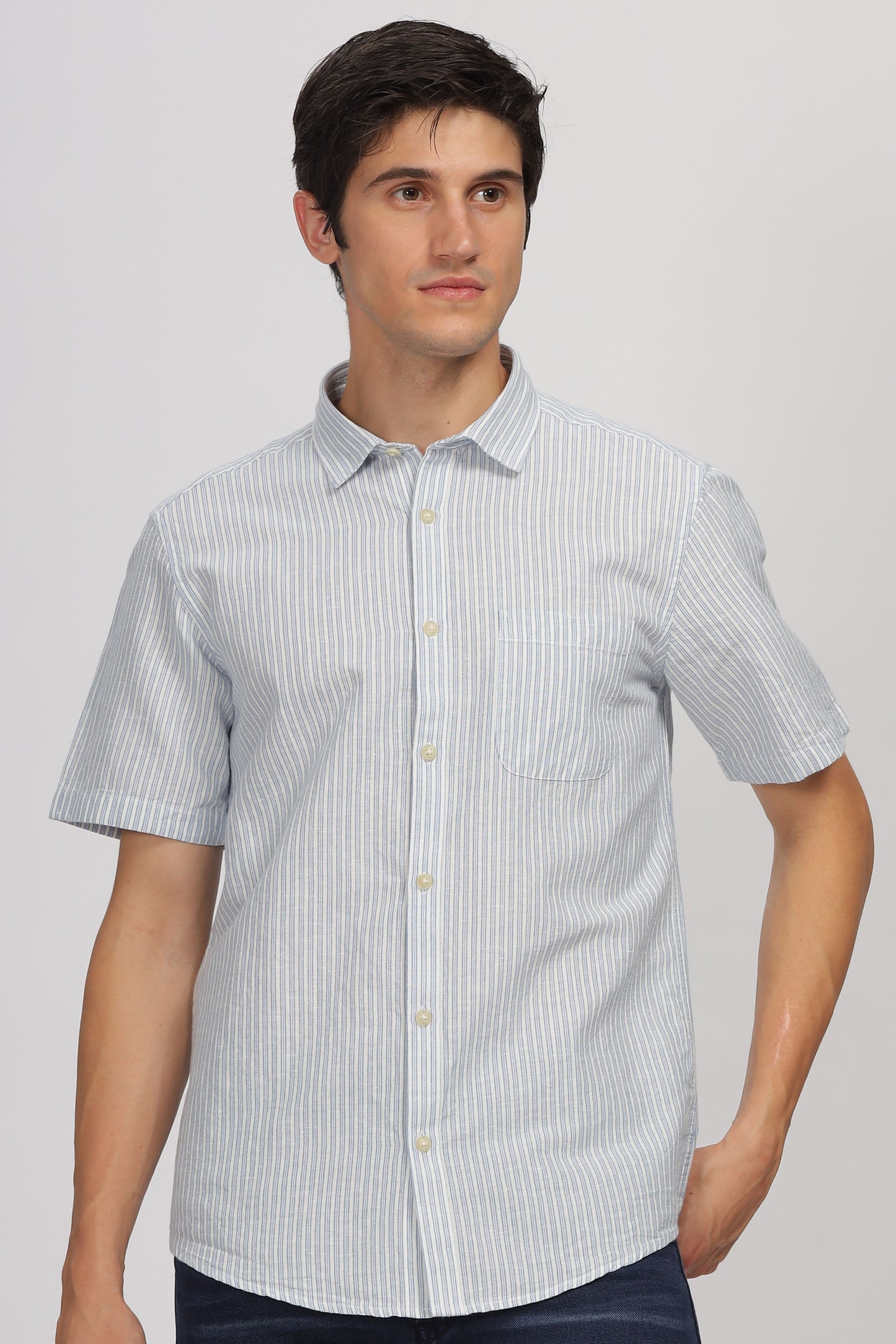 Uri Half Sleeve Linen Striped Shirt