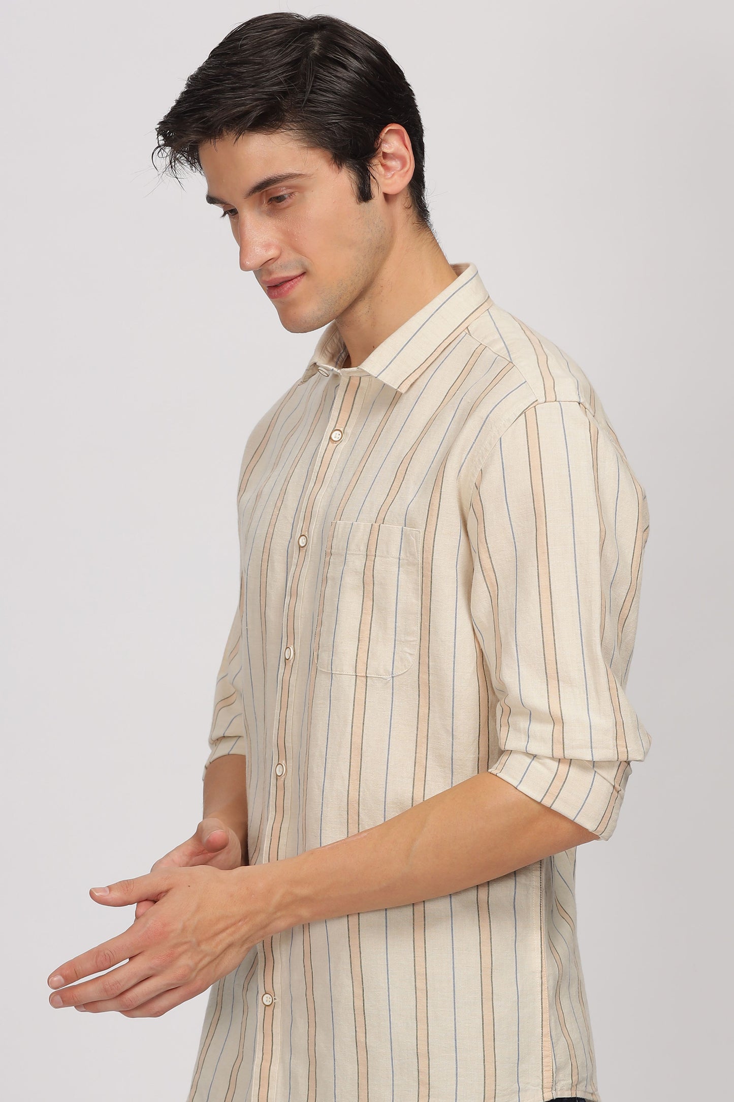 Uri Beige Linen Striped Spread Collar Shirt