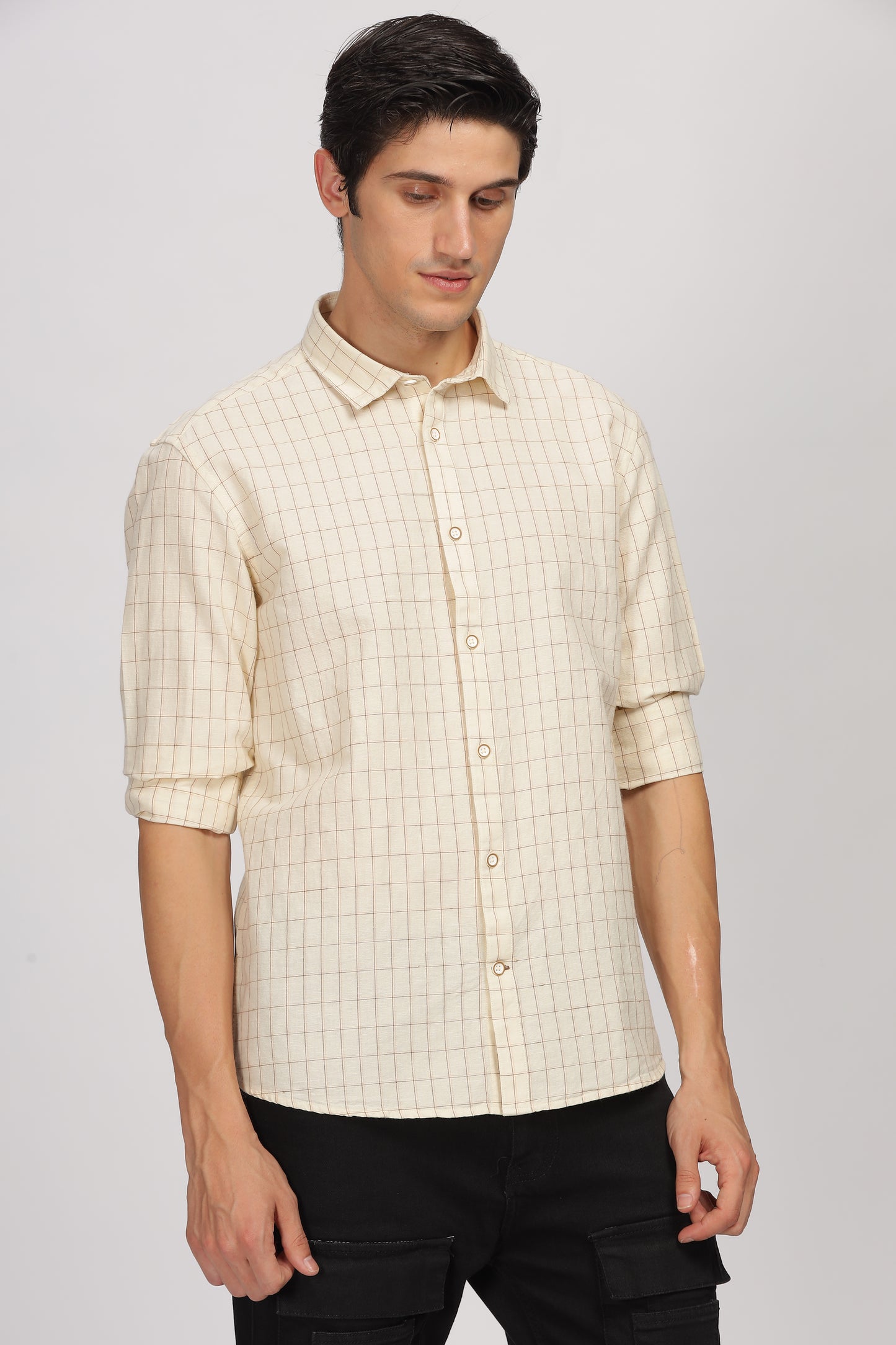 Uri Beige Linen Checked Spread Collar Shirt