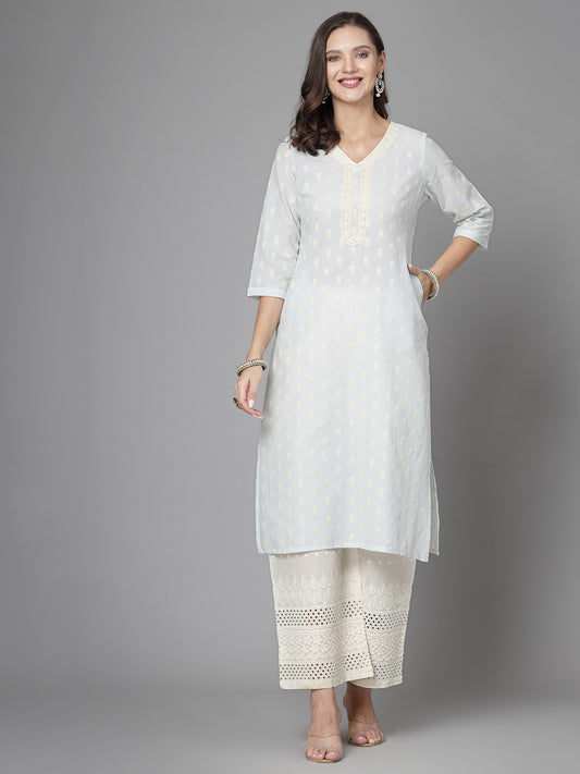 Women Sky Blue Cotton Dobby Kurta With Lace - Kashyap Global Lifestyles LLP