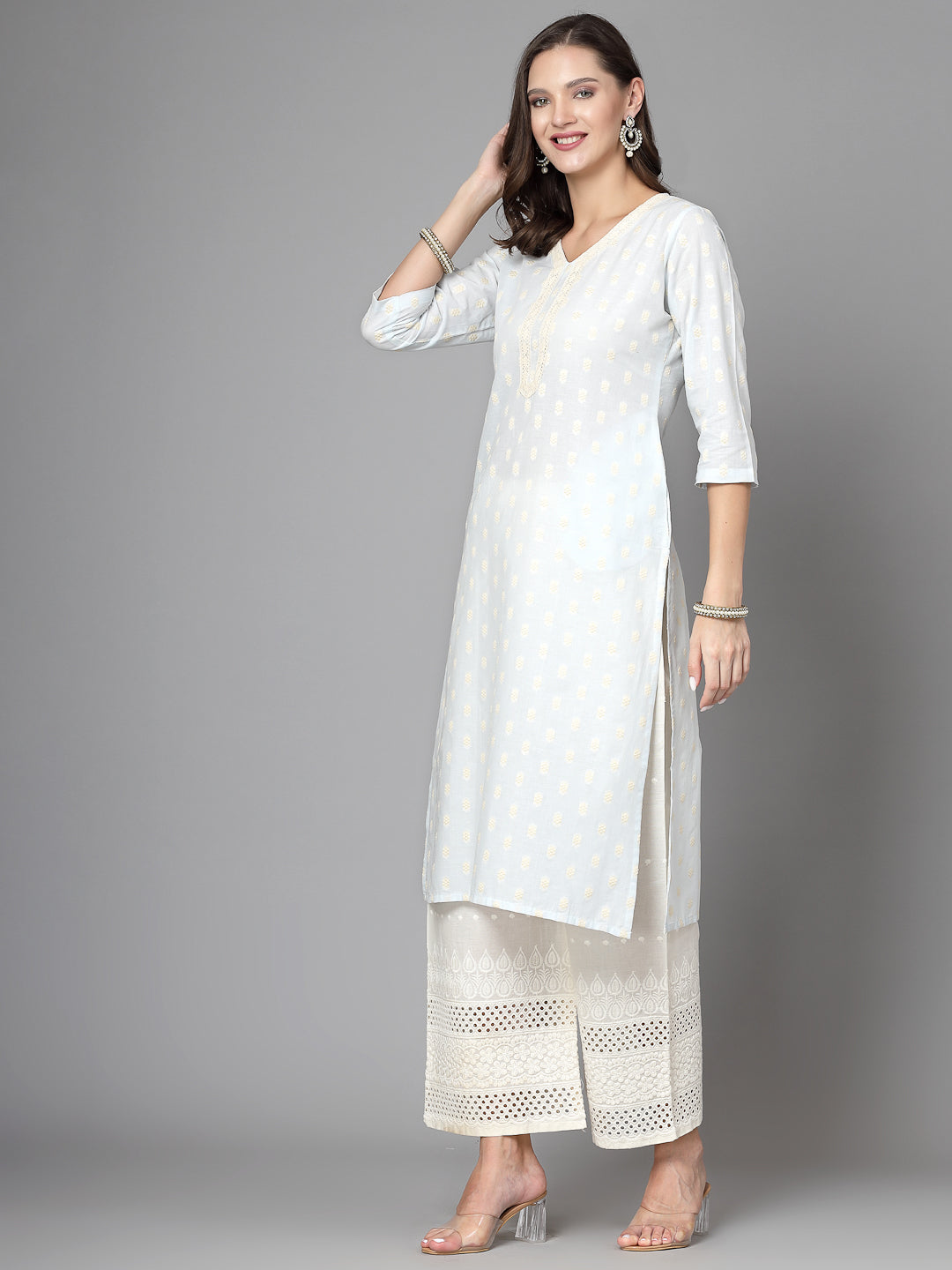 Women Sky Blue Cotton Dobby Kurta With Lace - Kashyap Global Lifestyles LLP