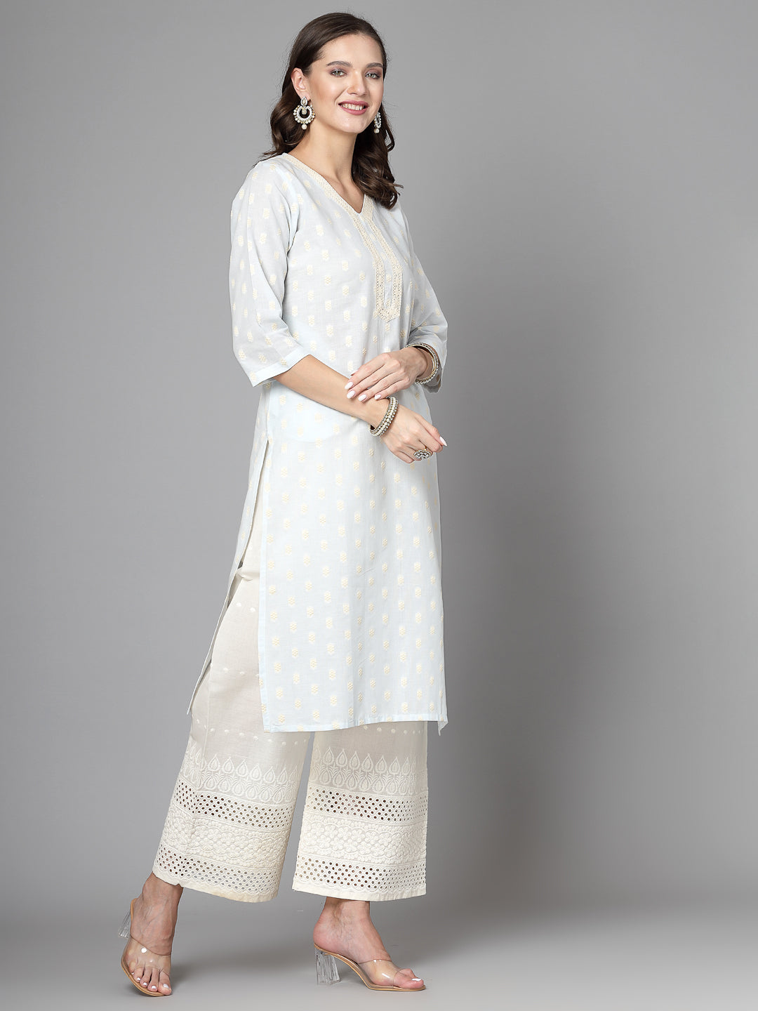 Women Sky Blue Cotton Dobby Kurta With Lace - Kashyap Global Lifestyles LLP