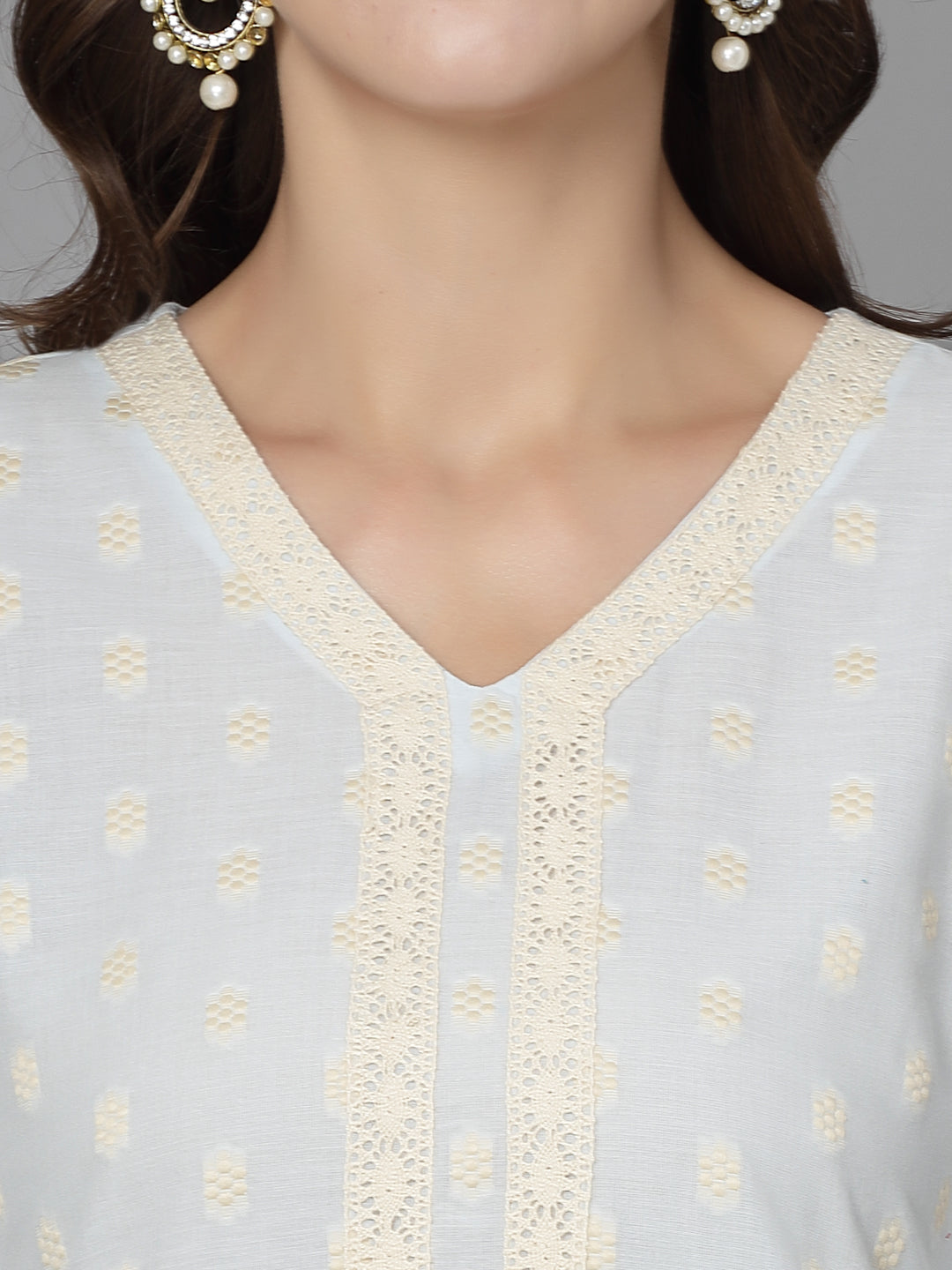 Women Sky Blue Cotton Dobby Kurta With Lace - Kashyap Global Lifestyles LLP