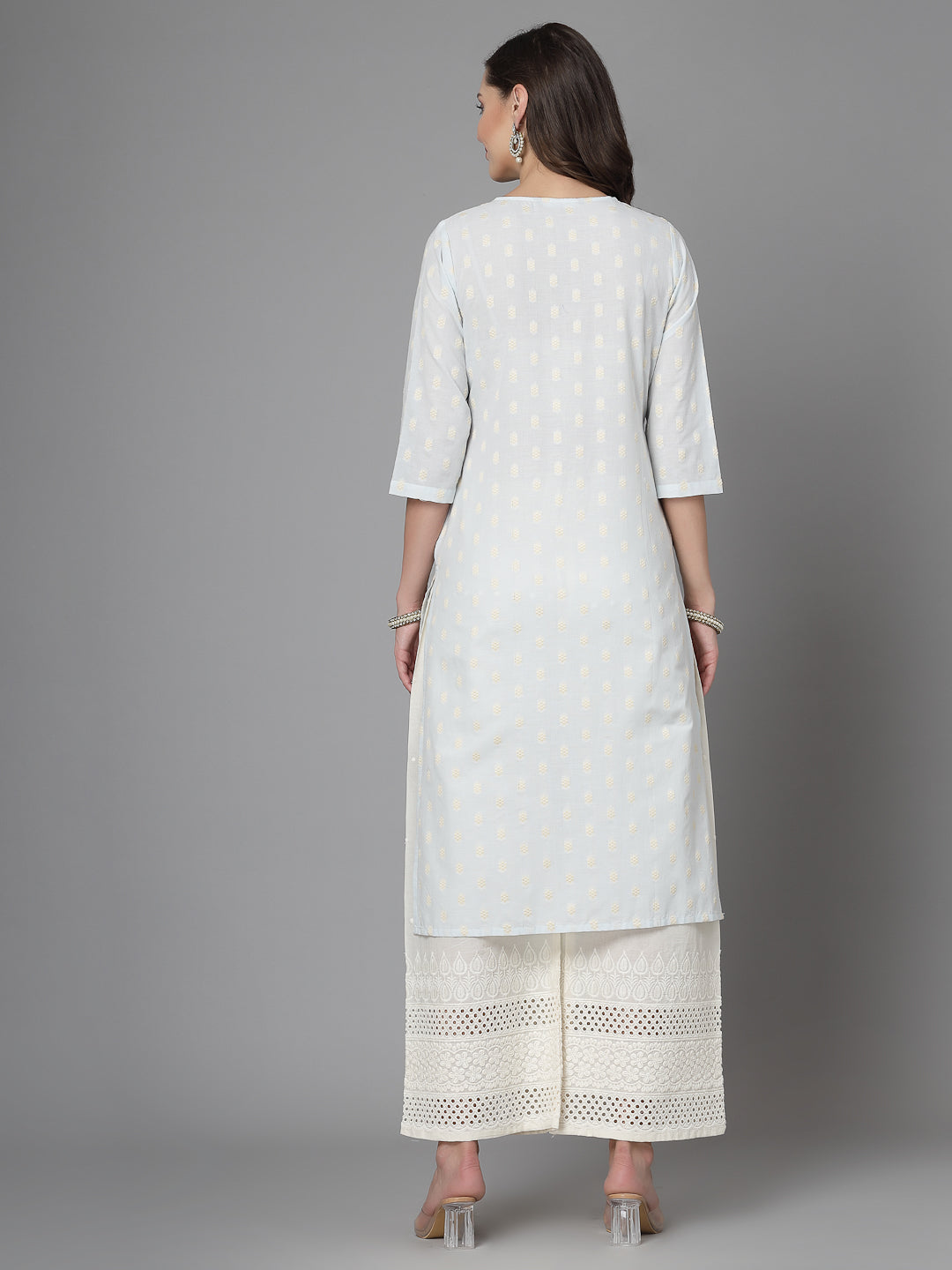 Women Sky Blue Cotton Dobby Kurta With Lace - Kashyap Global Lifestyles LLP