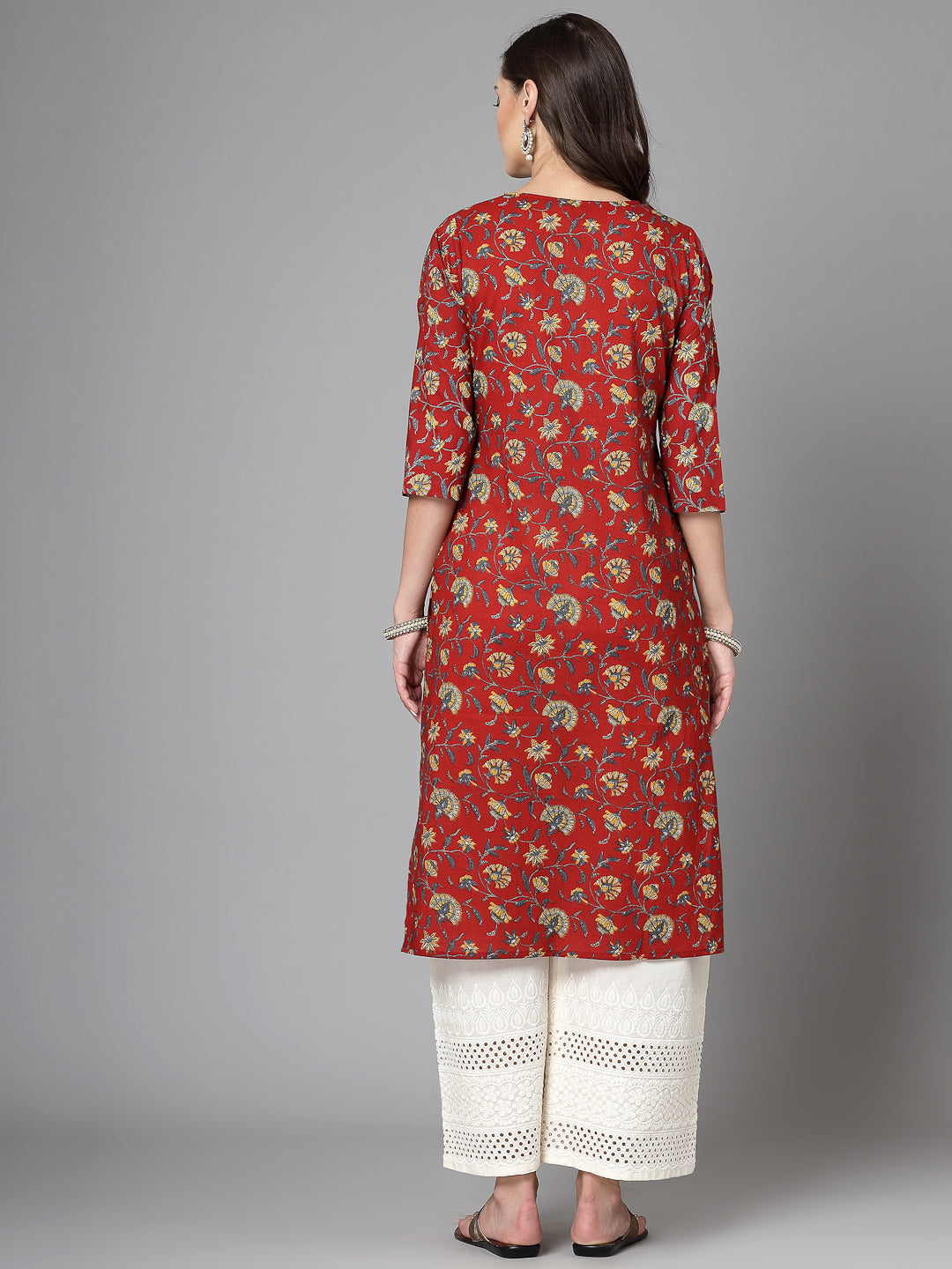 Women Red Floral Printed Tie-Up Neck Kurta - Kashyap Global Lifestyles LLP