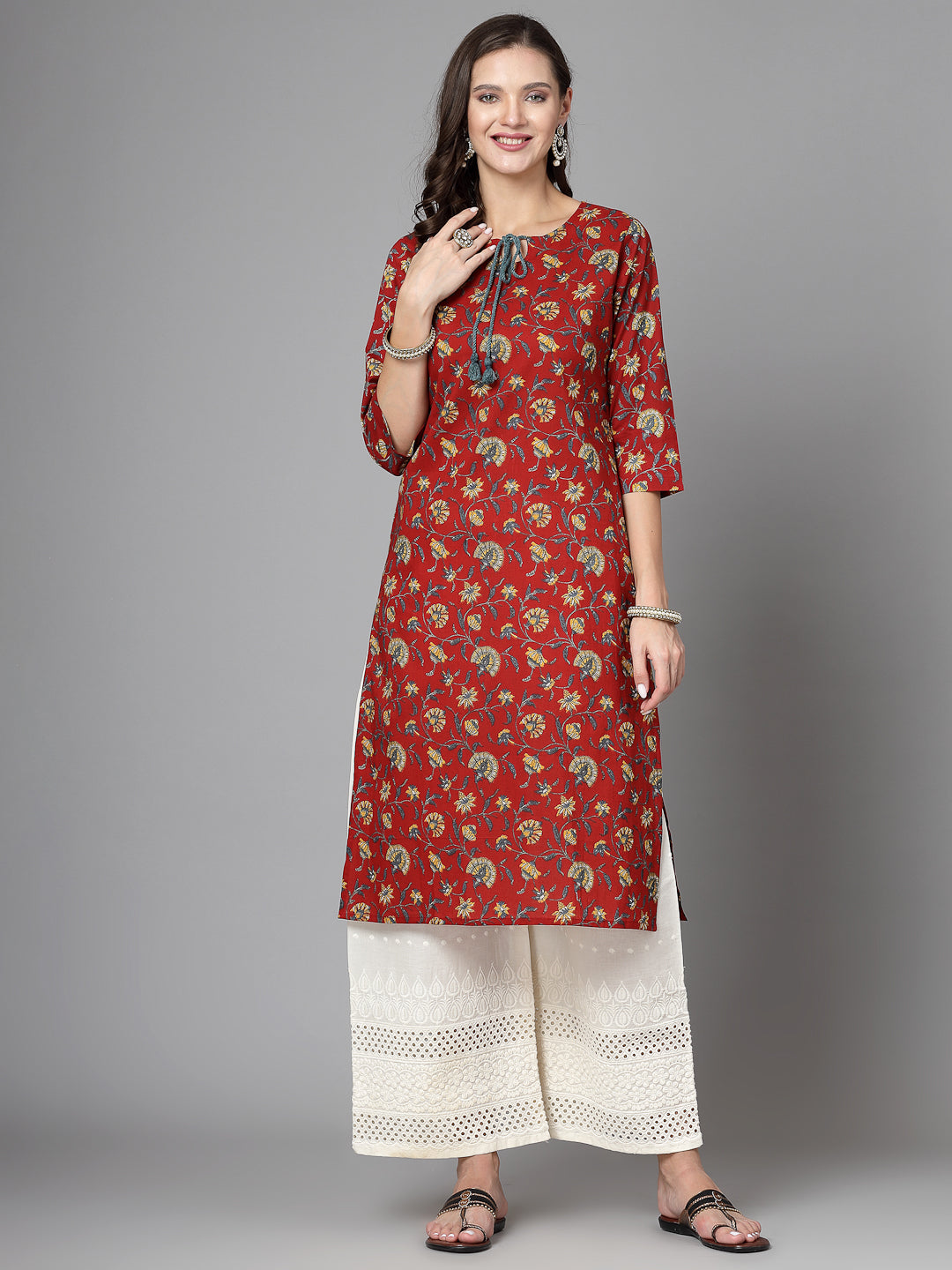 Women Red Floral Printed Tie-Up Neck Kurta - Kashyap Global Lifestyles LLP