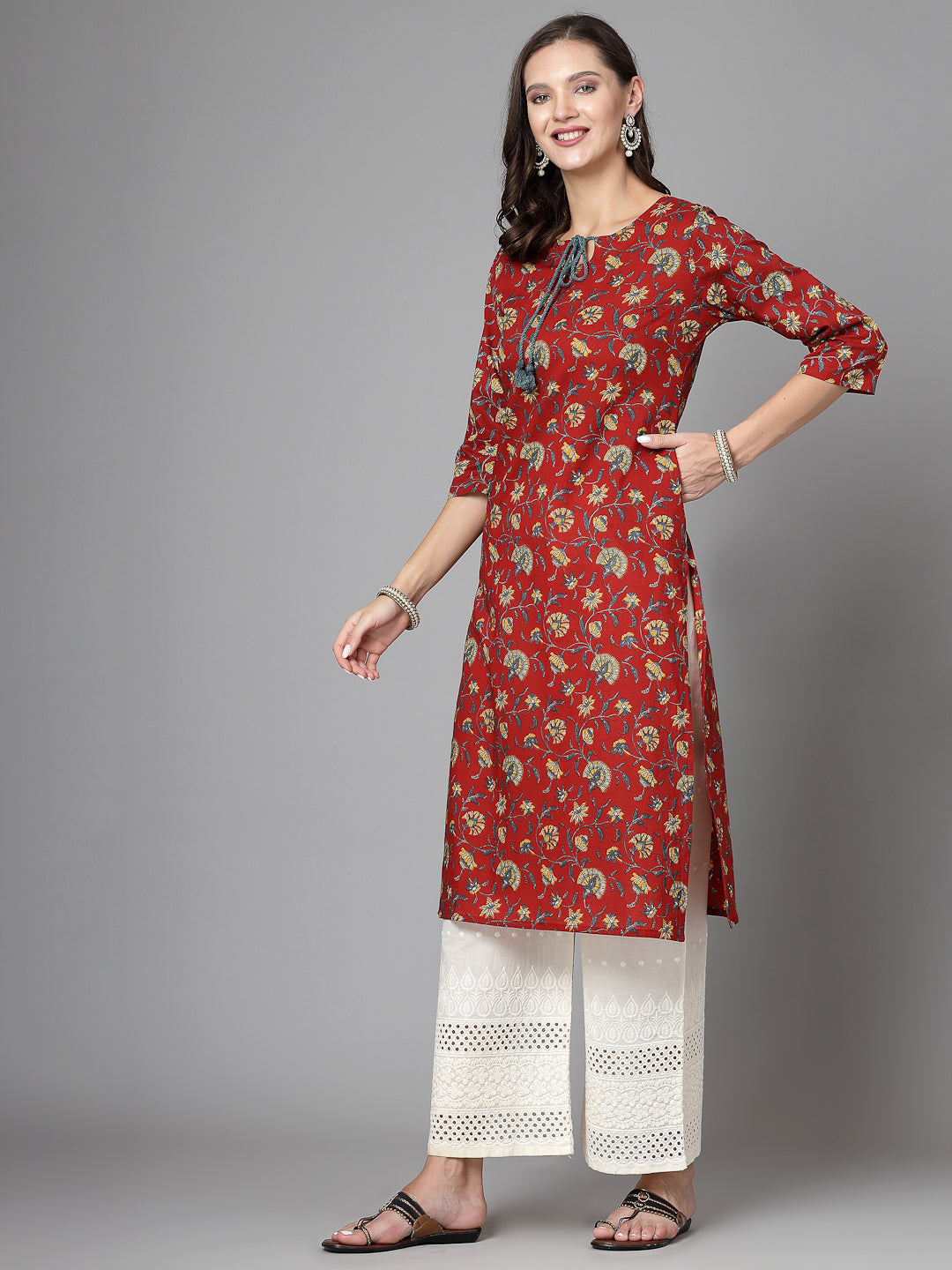 Women Red Floral Printed Tie-Up Neck Kurta - Kashyap Global Lifestyles LLP