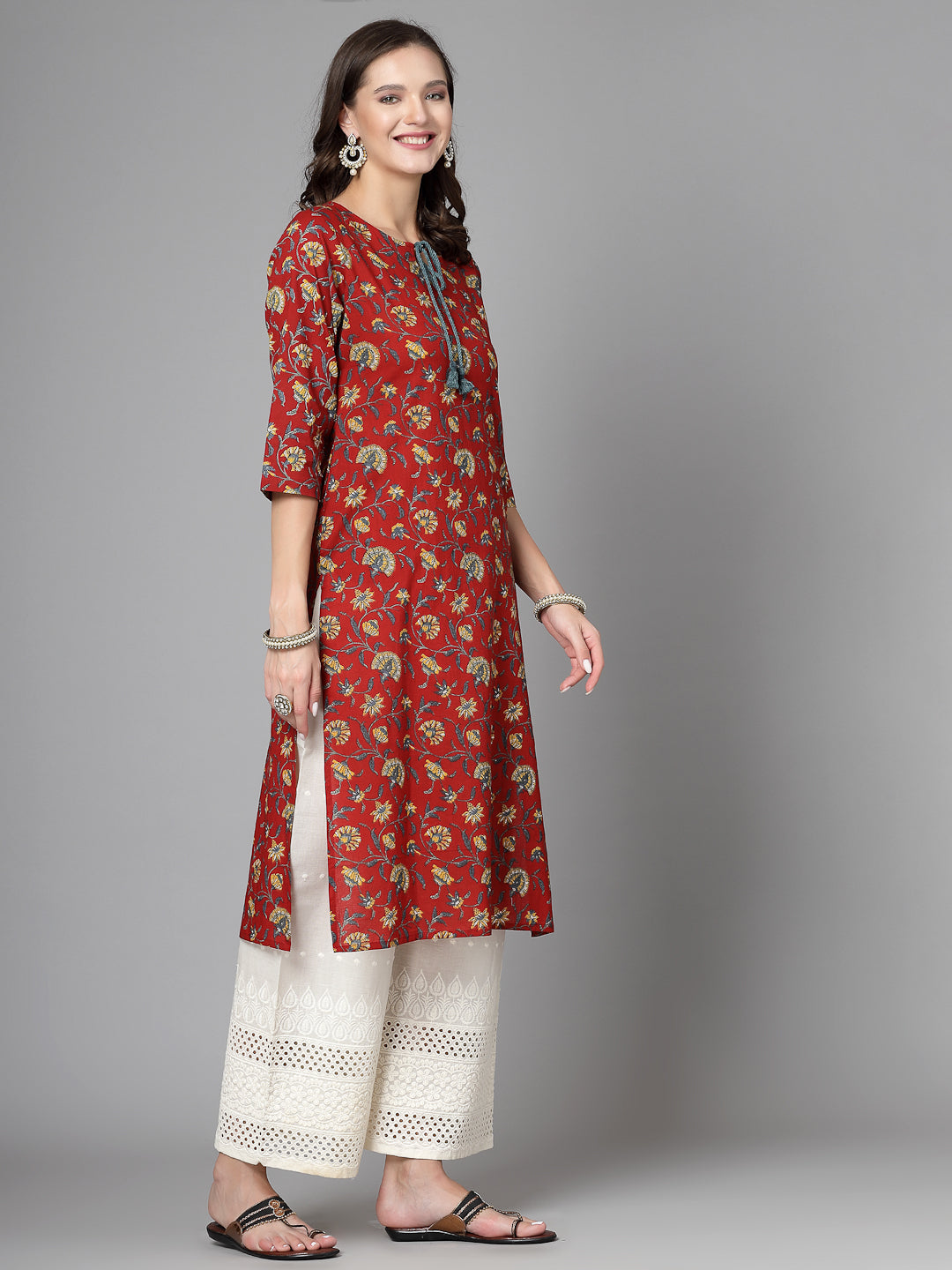 Women Red Floral Printed Tie-Up Neck Kurta - Kashyap Global Lifestyles LLP