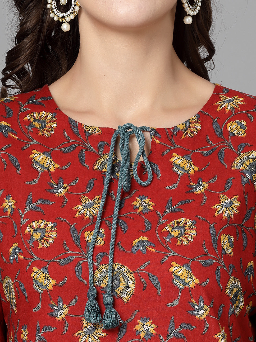Women Red Floral Printed Tie-Up Neck Kurta - Kashyap Global Lifestyles LLP