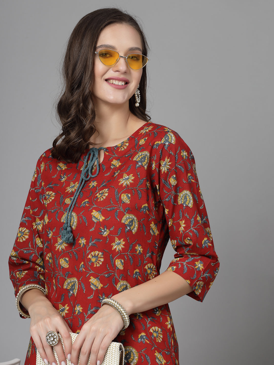 Women Red Floral Printed Tie-Up Neck Kurta - Kashyap Global Lifestyles LLP