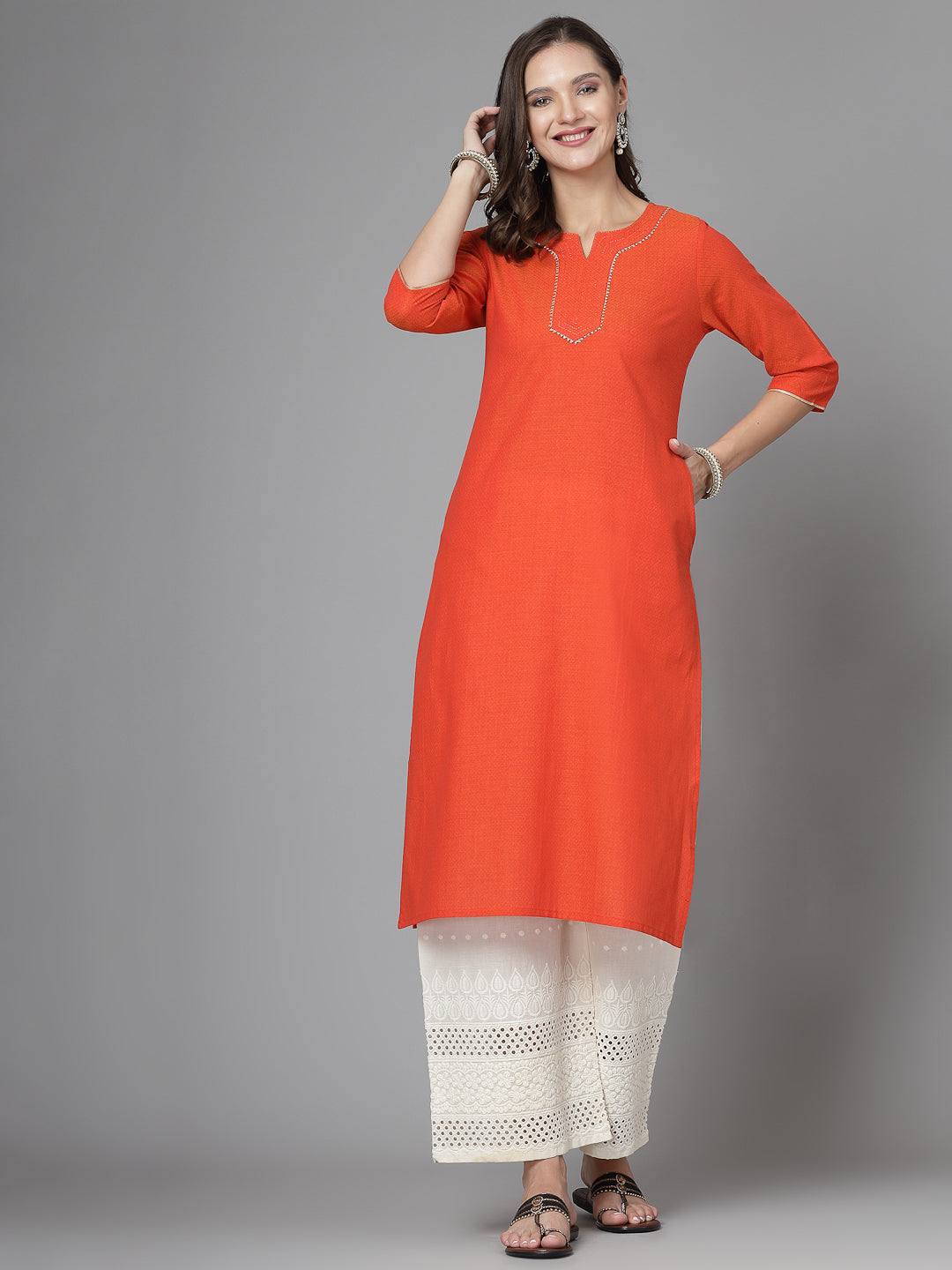 Women Orange Festive Kurta With Lace - Kashyap Global Lifestyles LLP