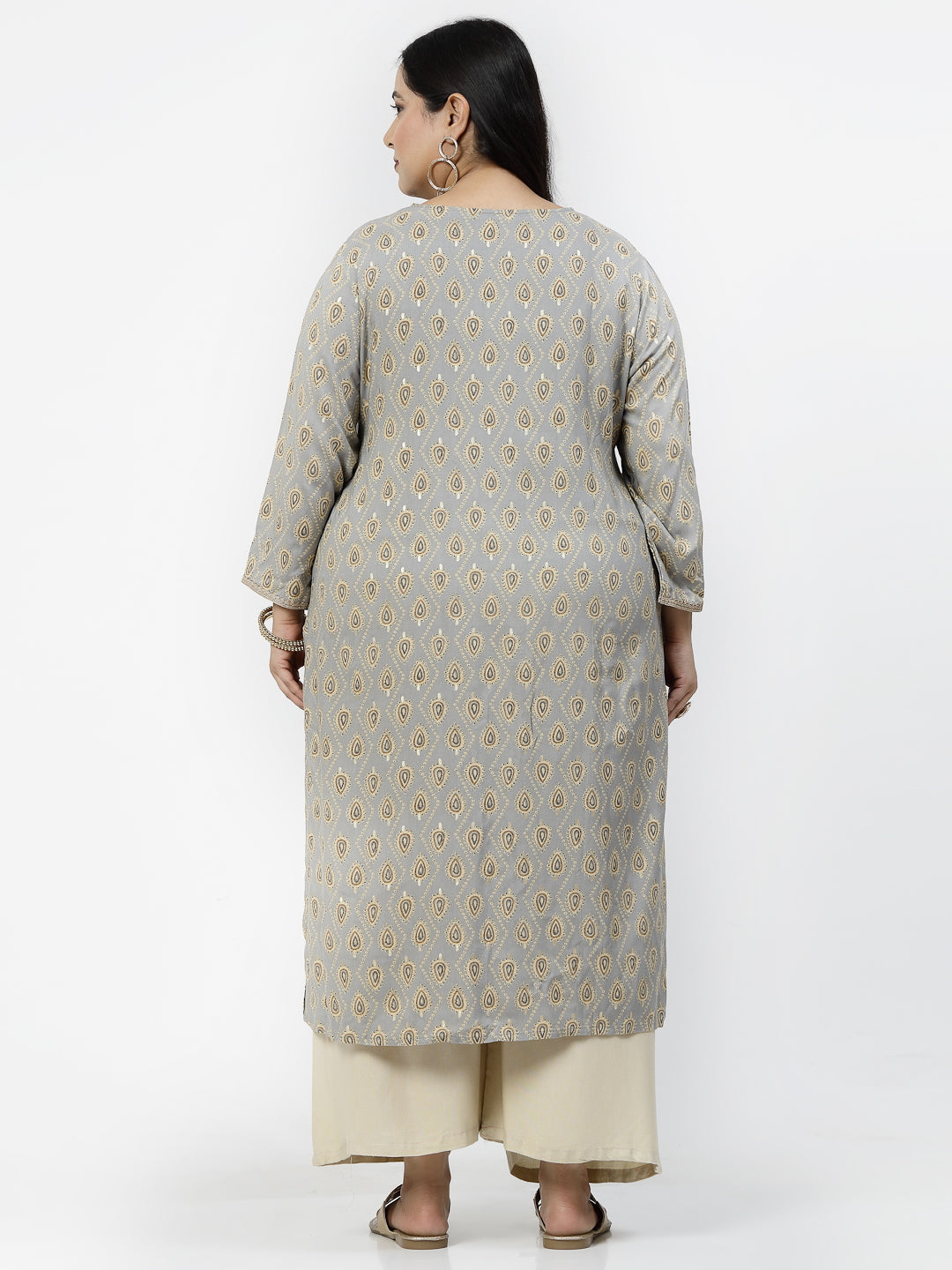 Women Plus Size Grey Ethnic Motifs Printed Kurta With Piping - Kashyap Global Lifestyles LLP