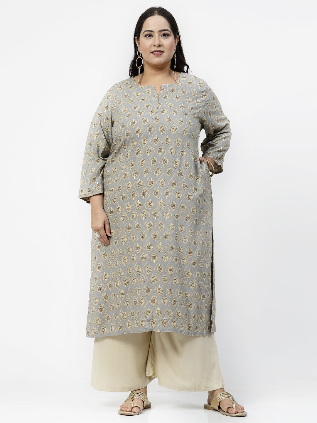 Women Plus Size Grey Ethnic Motifs Printed Kurta With Piping - Kashyap Global Lifestyles LLP