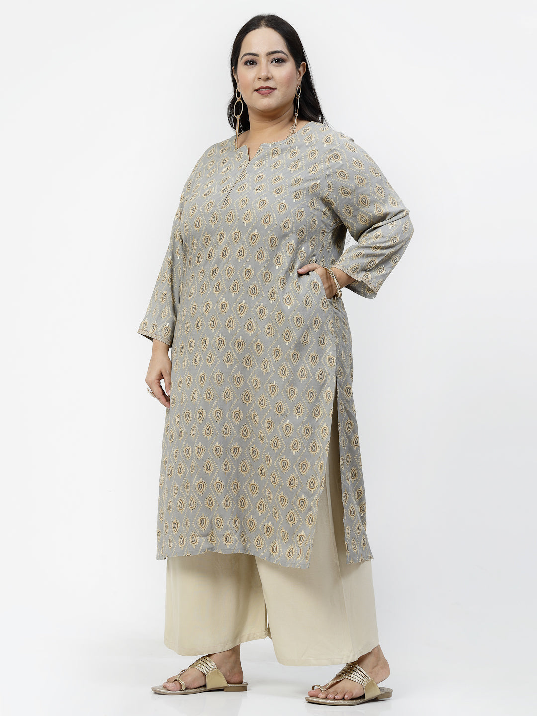 Women Plus Size Grey Ethnic Motifs Printed Kurta With Piping - Kashyap Global Lifestyles LLP