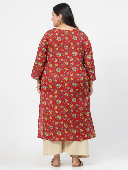 Women Plus Size Red Floral Printed Tie-Up Neck Kurta - Kashyap Global Lifestyles LLP