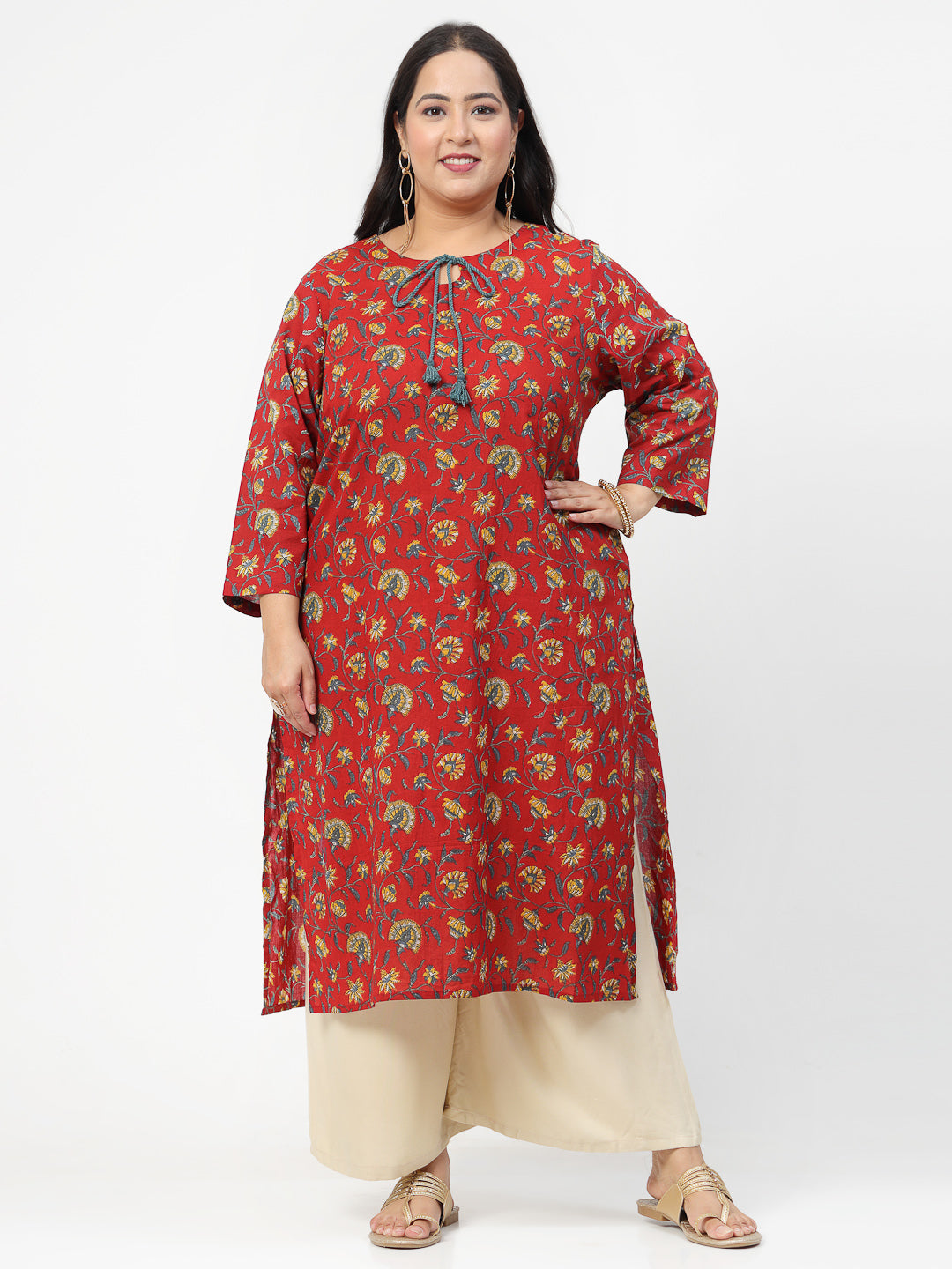 Women Plus Size Red Floral Printed Tie-Up Neck Kurta - Kashyap Global Lifestyles LLP