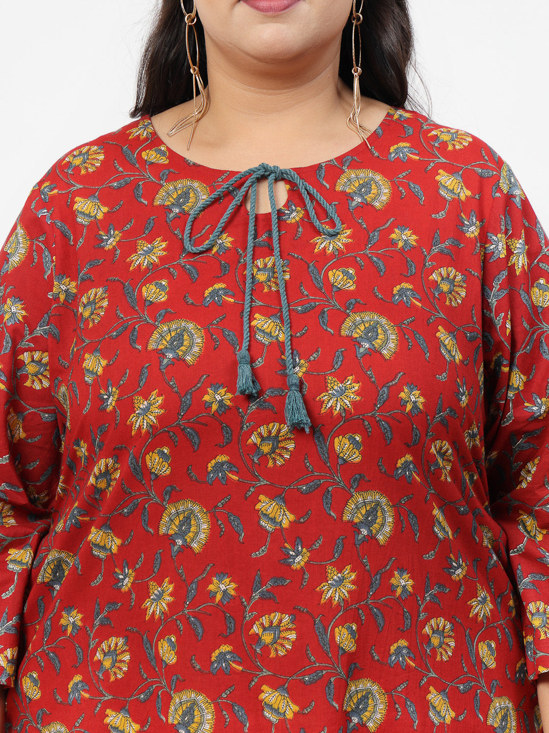 Women Plus Size Red Floral Printed Tie-Up Neck Kurta - Kashyap Global Lifestyles LLP