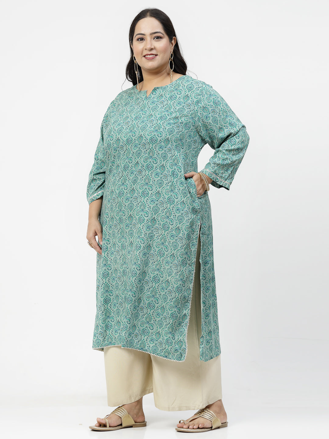 Women Plus Size Green Kurta With Lace - Kashyap Global Lifestyles LLP