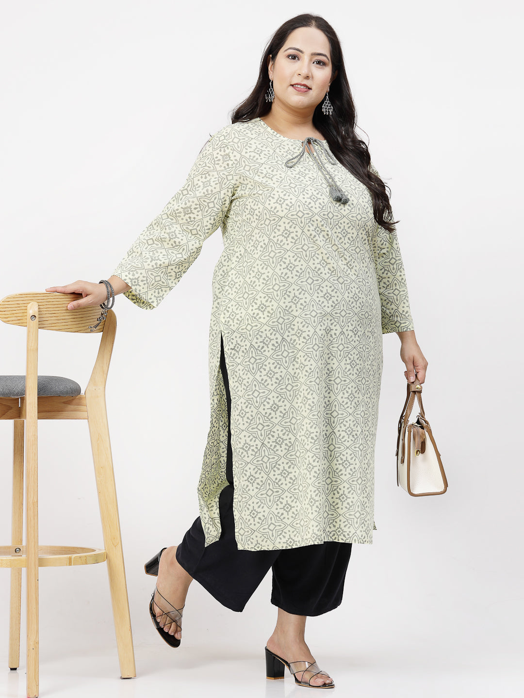 Women Plus Size Yellow Handblock Printed Tie-Up Neck Kurta - Kashyap Global Lifestyles LLP