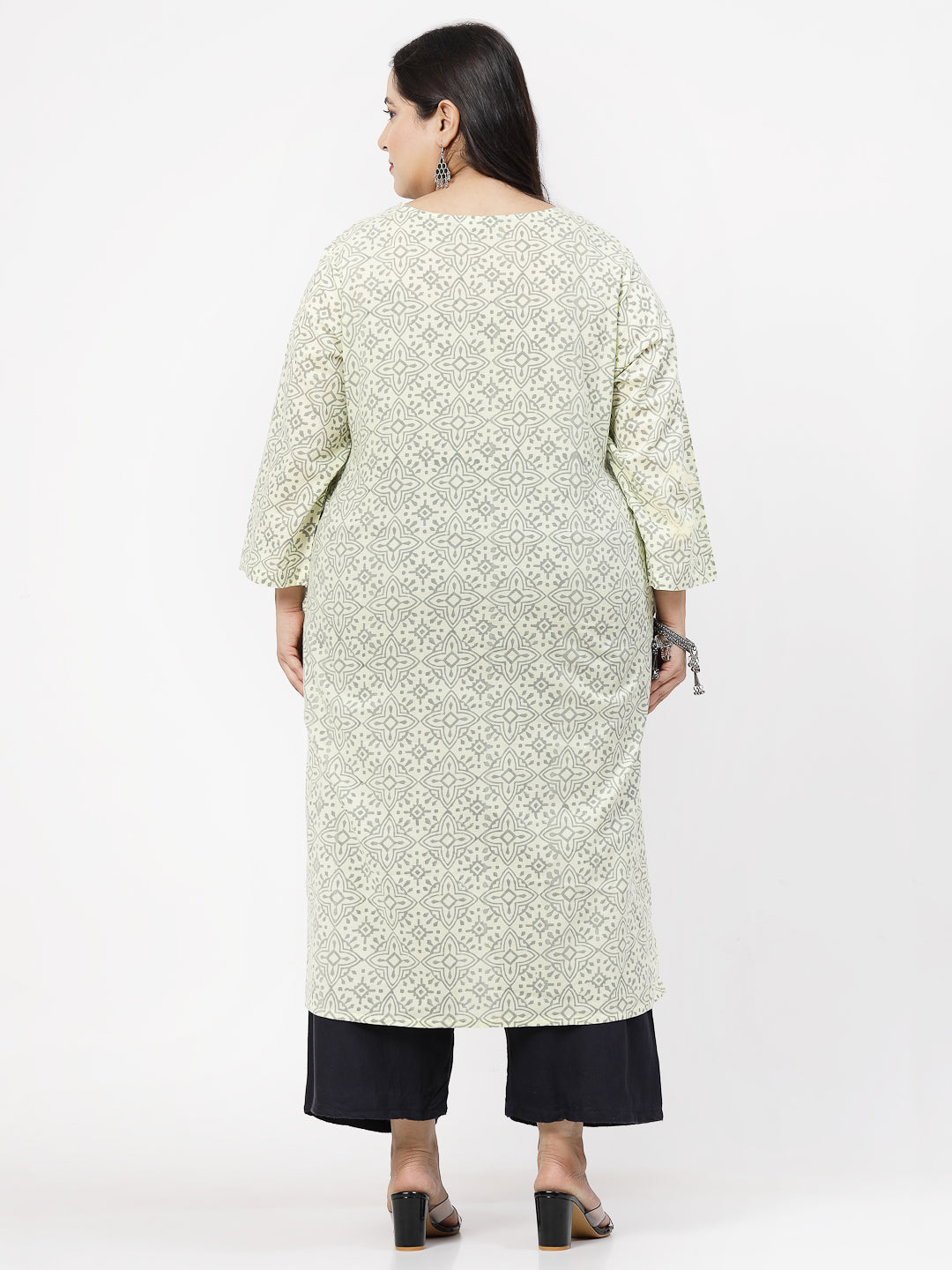 Women Plus Size Yellow Handblock Printed Tie-Up Neck Kurta - Kashyap Global Lifestyles LLP