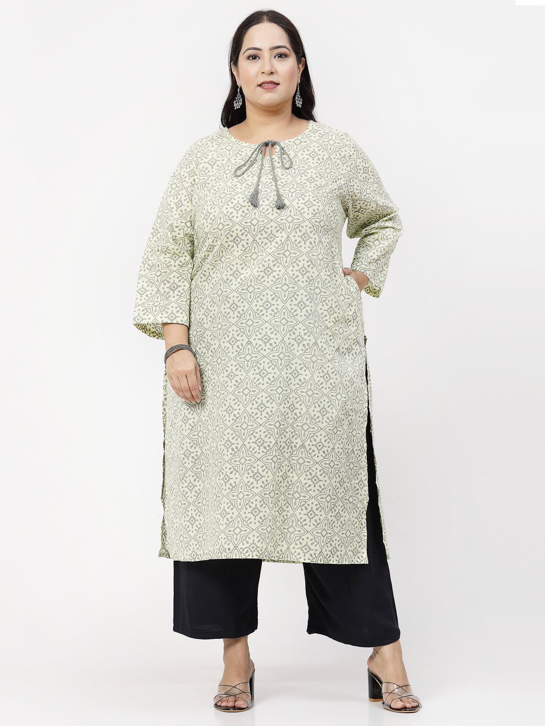 Women Plus Size Yellow Handblock Printed Tie-Up Neck Kurta - Kashyap Global Lifestyles LLP
