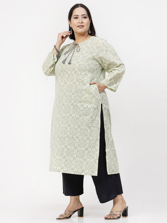 Women Plus Size Yellow Handblock Printed Tie-Up Neck Kurta - Kashyap Global Lifestyles LLP