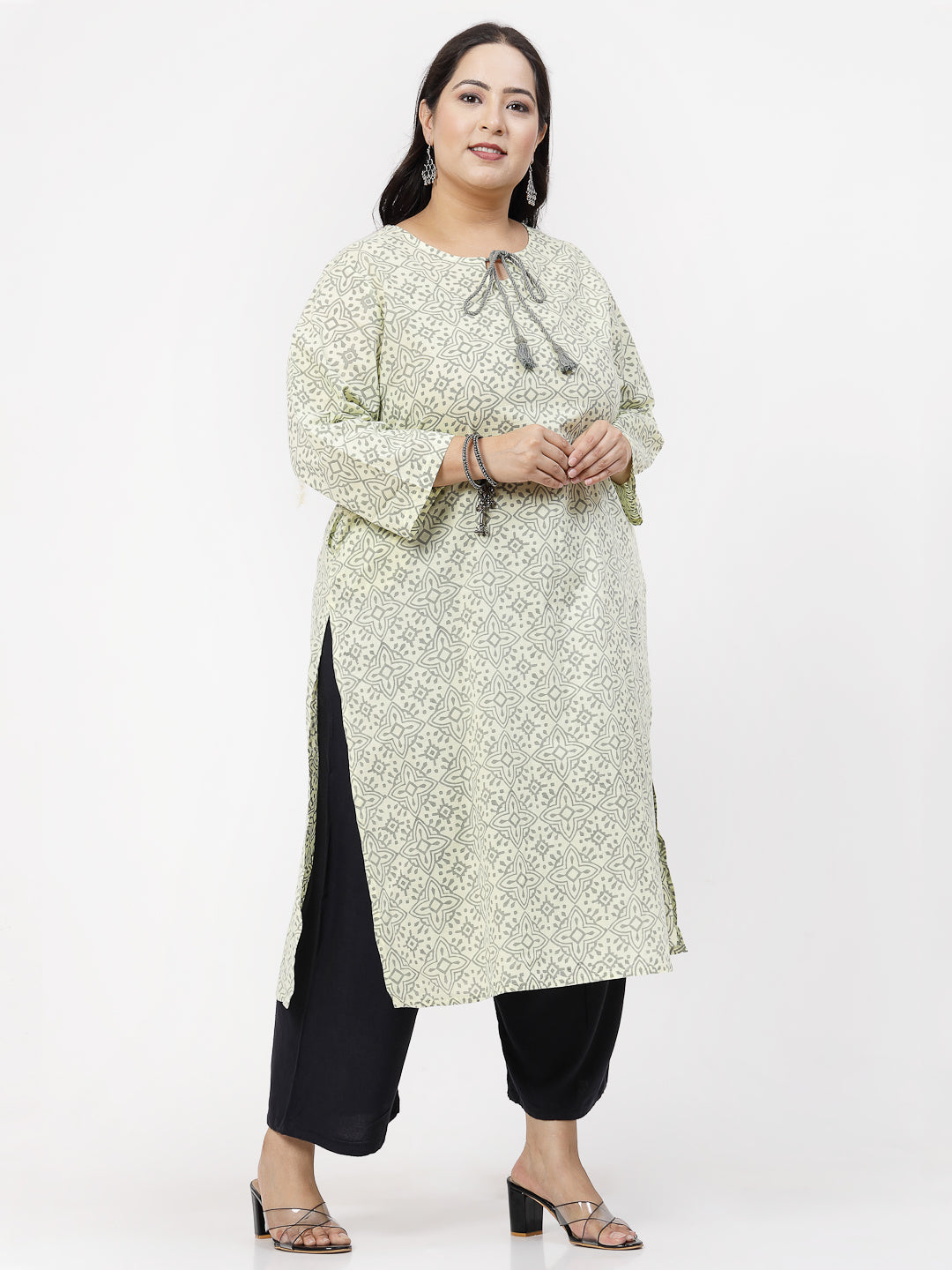 Women Plus Size Yellow Handblock Printed Tie-Up Neck Kurta - Kashyap Global Lifestyles LLP