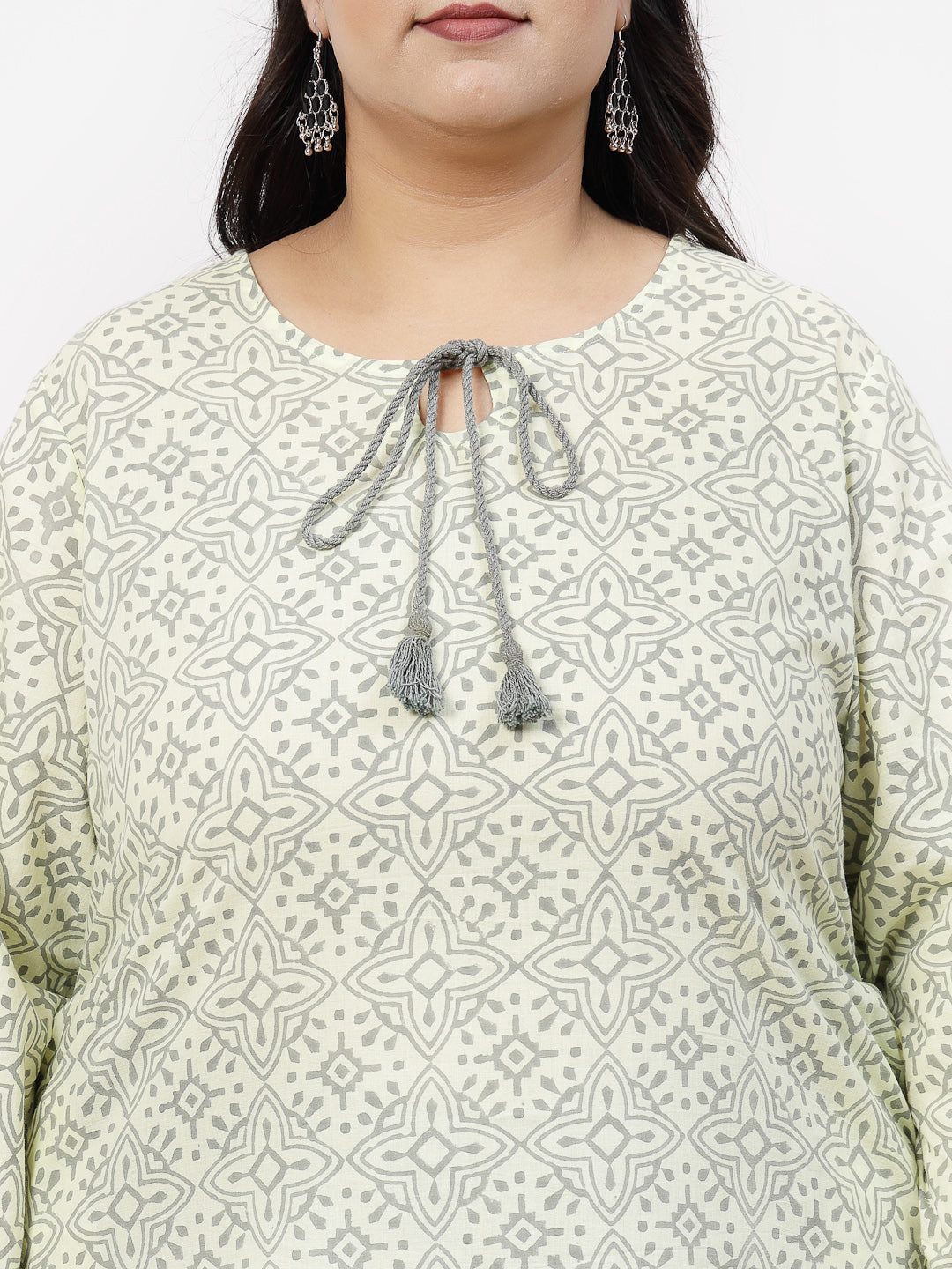 Women Plus Size Yellow Handblock Printed Tie-Up Neck Kurta - Kashyap Global Lifestyles LLP