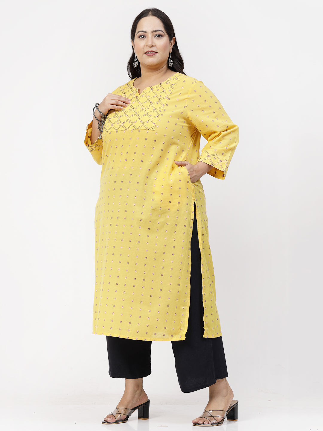 Women Plus Size Mustard Kurta With Embroidered Yoke - Kashyap Global Lifestyles LLP