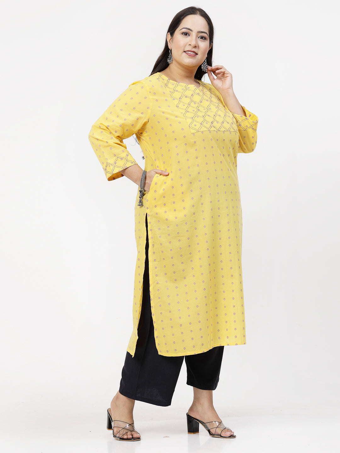 Women Mustard Kurta With Embroidered Yoke