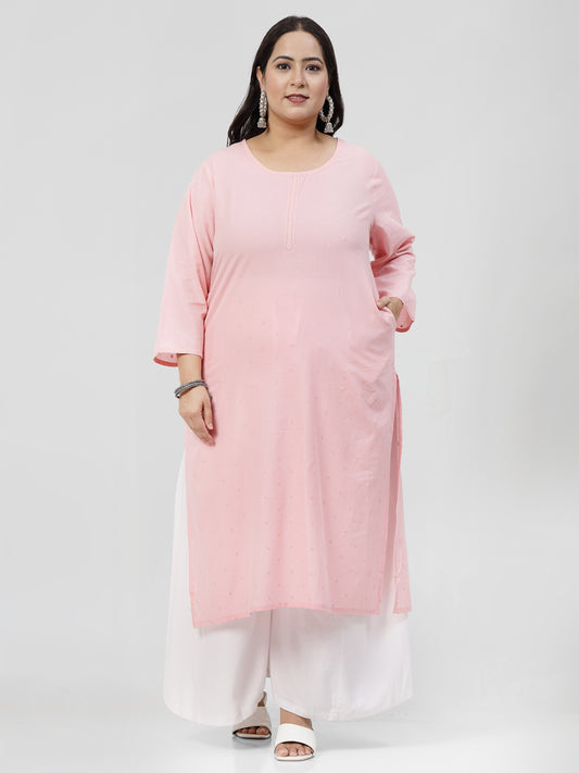 Women Pink Plus Size Swiss-Dot Kurta With Lace - Kashyap Global Lifestyles LLP