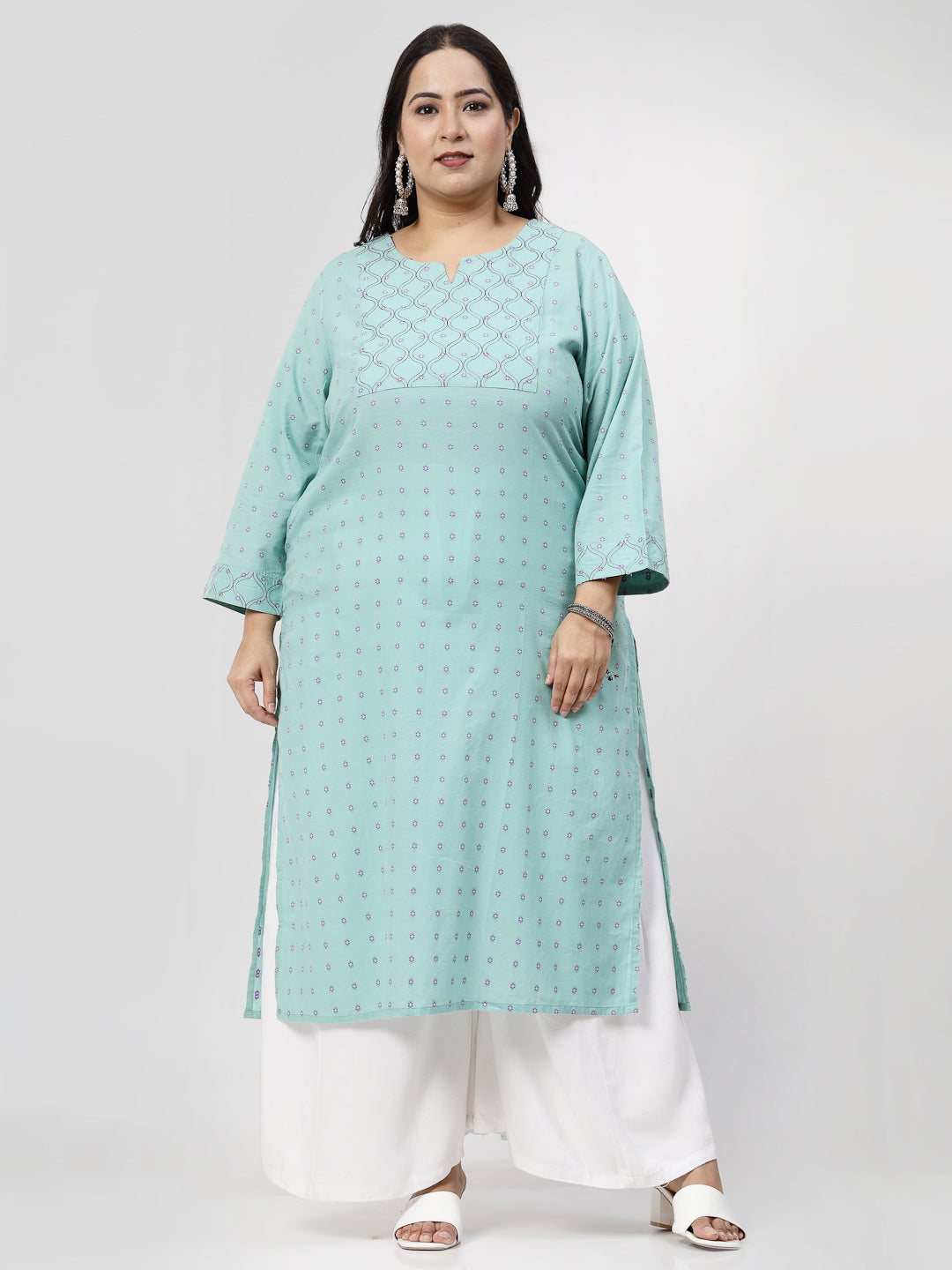 Women Plus Size Sea Green Kurta With Embroidered Yoke - Kashyap Global Lifestyles LLP
