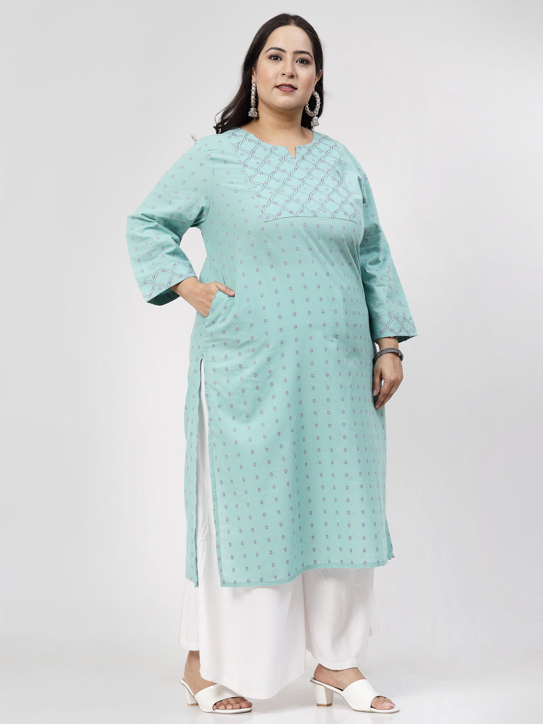 Women Plus Size Sea Green Kurta With Embroidered Yoke - Kashyap Global Lifestyles LLP