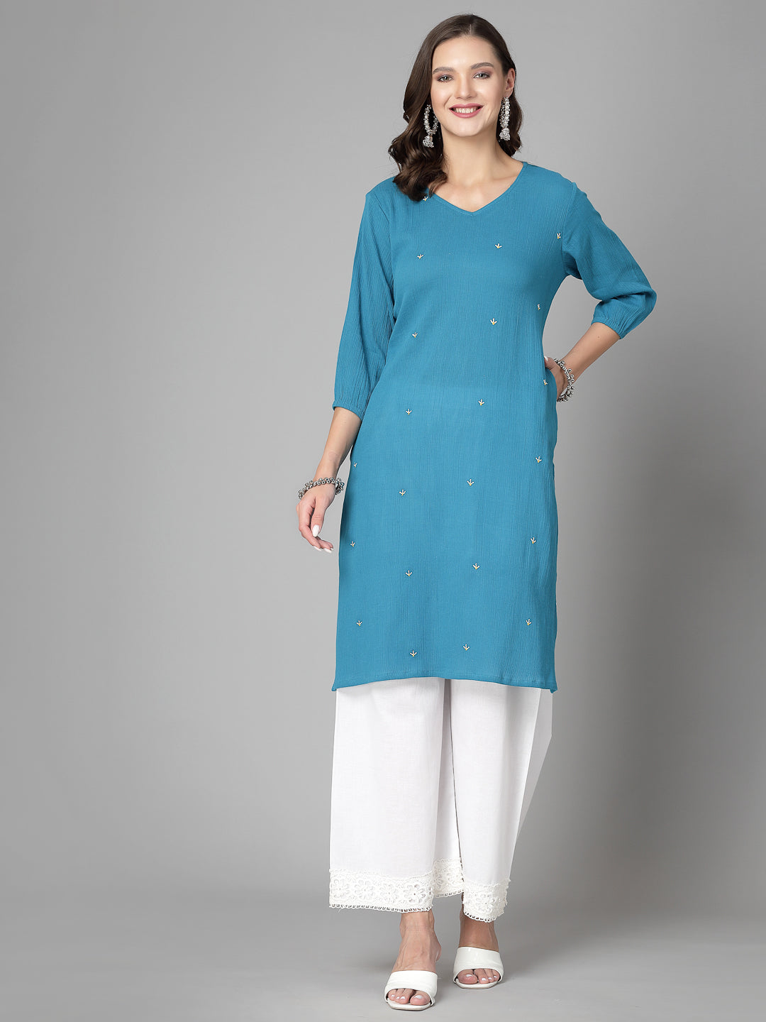 Women Blue Kurta With Embroidered Front - Kashyap Global Lifestyles LLP