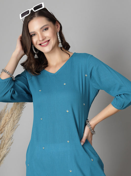 Women Blue Kurta With Embroidered Front - Kashyap Global Lifestyles LLP