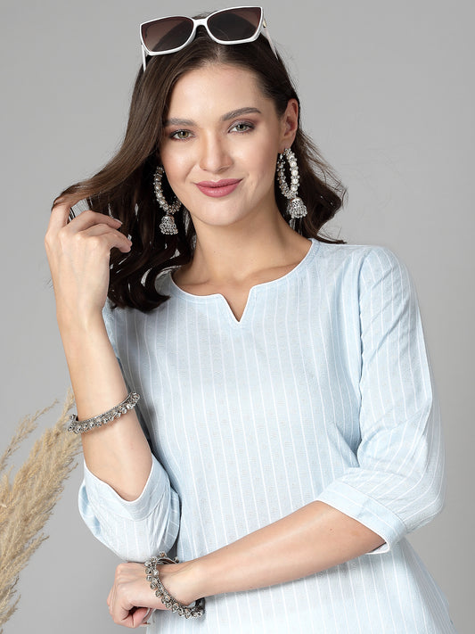 Women Sky Blue Striped Yarn-Dyed Kurta - Kashyap Global Lifestyles LLP