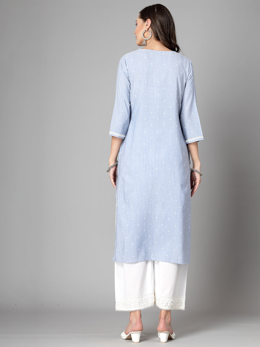 Women Sky Blue Swiss-Dot Kurta With Lace - Kashyap Global Lifestyles LLP