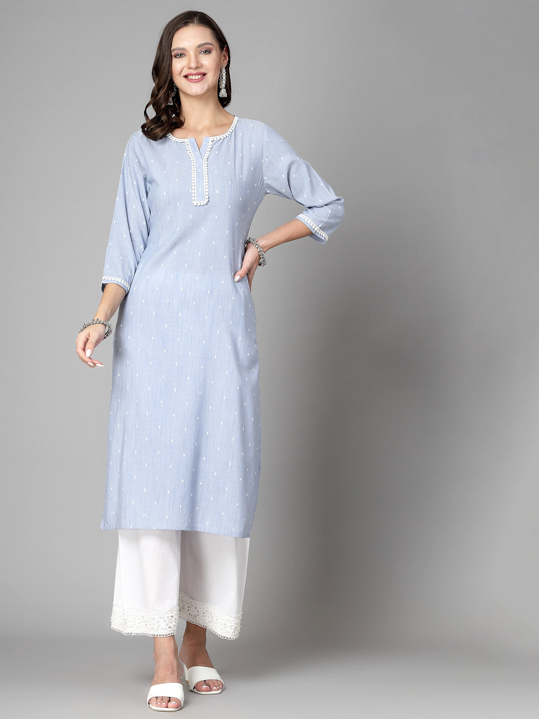 Women Sky Blue Swiss-Dot Kurta With Lace - Kashyap Global Lifestyles LLP
